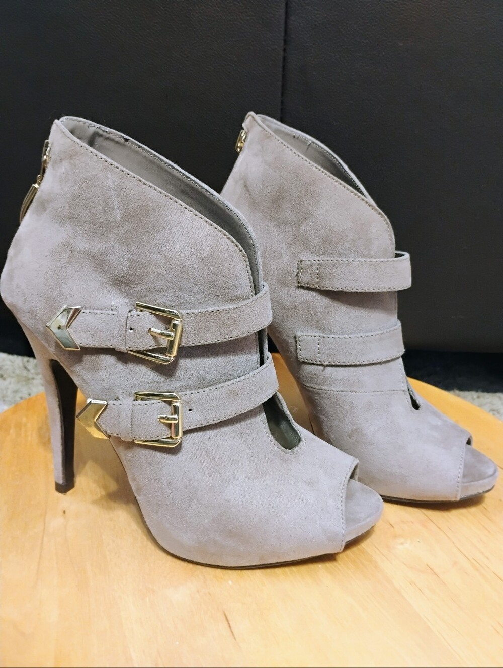 Guess Suede Peep-Toe Buckle Ankle Booties